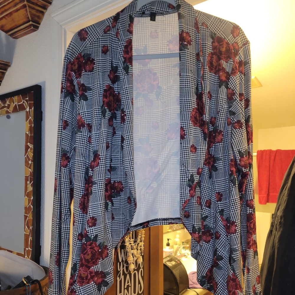 Torrid Black and White Plaid Blazer with Red Floral Design